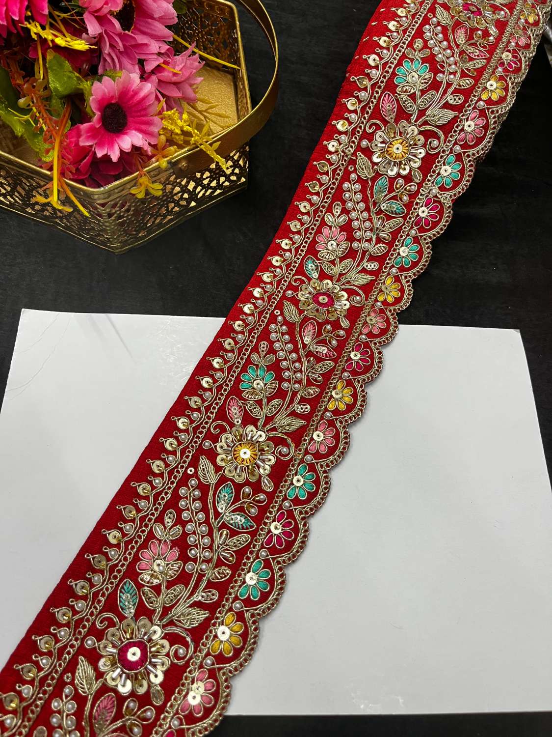 Multicoloured Sabyasachi Inspired Beaded & Katdana Work Saree Lace Border – Premium Maggam Work Trim for Bridal & Designer Wear (9 Meter, 3.5 Inch Width) | Red
