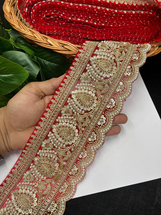 Beautiful Cutdana & Pearl Work Maggam Work Bridal Lace – Premium Designer Bridal Lace | Red