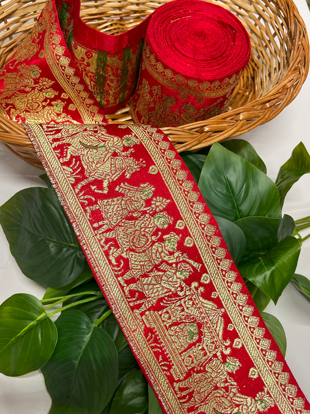 Original Doli Barat Design Banarasi Border – 9 Meter, 3.5 Inch Width – Traditional Banarasi Lace, Red