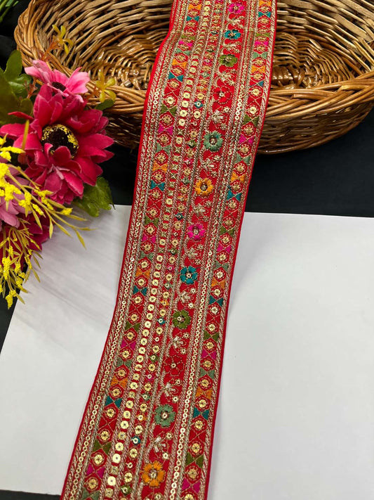 Sabyasachi Inspired Embroidery Lace for Sarees & Dupattas – 3 Inch Wide Lace Border (9 Meter) | Red