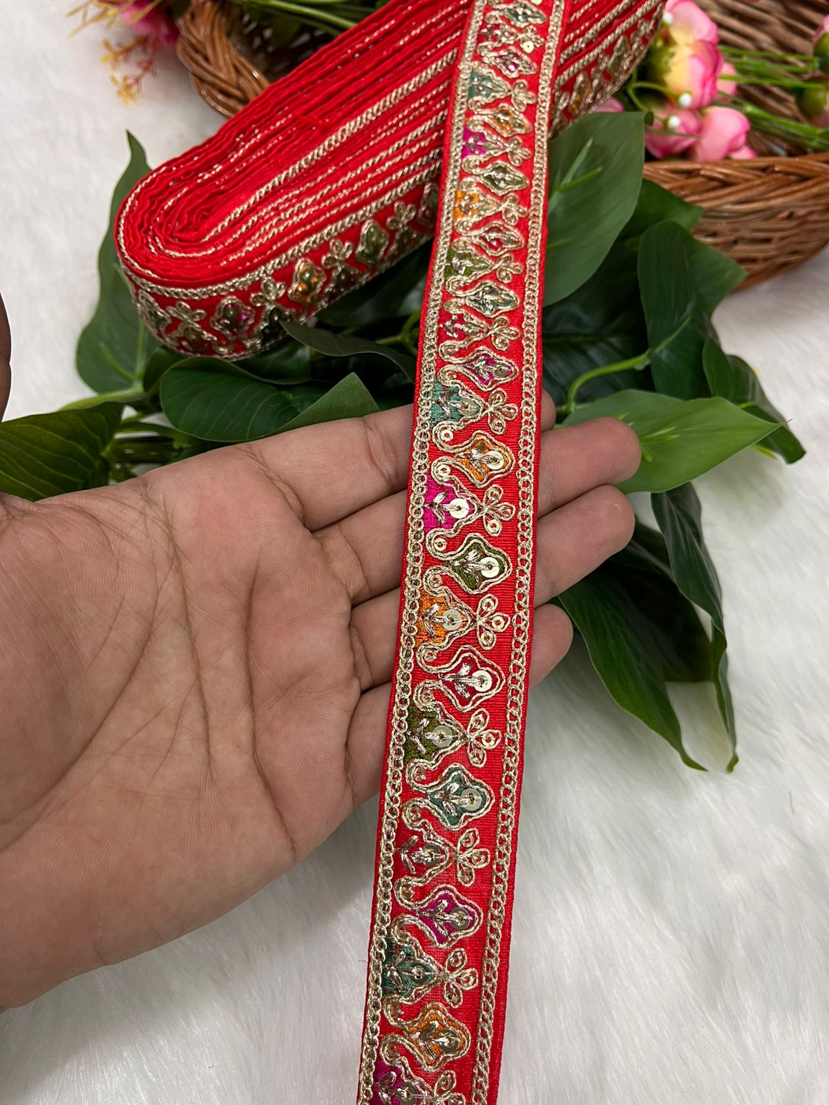 Sabyasachi-Inspired Embroidered Designer Lace Border – 9 Meter Roll, 1 Inch Wide for Ethnic & Creative Projects | Red