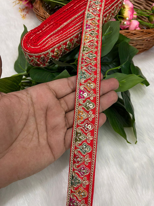 Sabyasachi-Inspired Embroidered Designer Lace Border – 9 Meter Roll, 1 Inch Wide for Ethnic & Creative Projects | Red