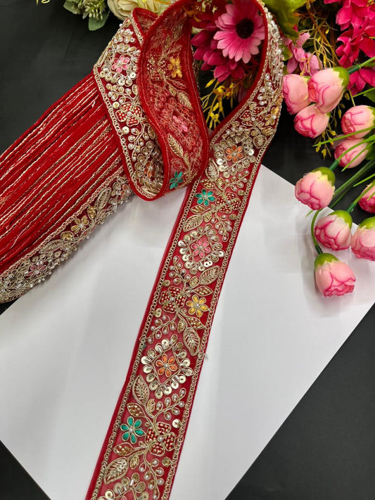 Designer Maggam Work Laces for Sarees – Premium 2 Inch Hand-Embellished Border for Lehengas, Dupattas & Bridal Wear (9 Meter) | Red