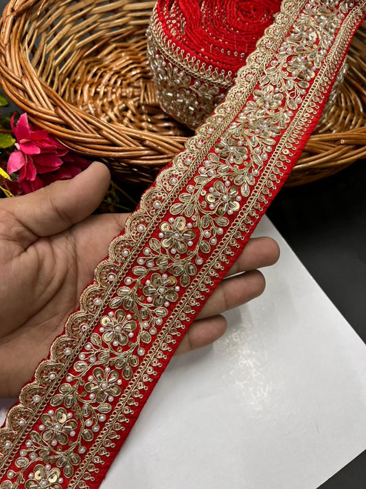 Beaded Embroidered Bridal Laces – Premium Maggam Work Borders for Sarees, Lehengas & Dupattas (9 Meter, 2.5 Inch Width) | Red