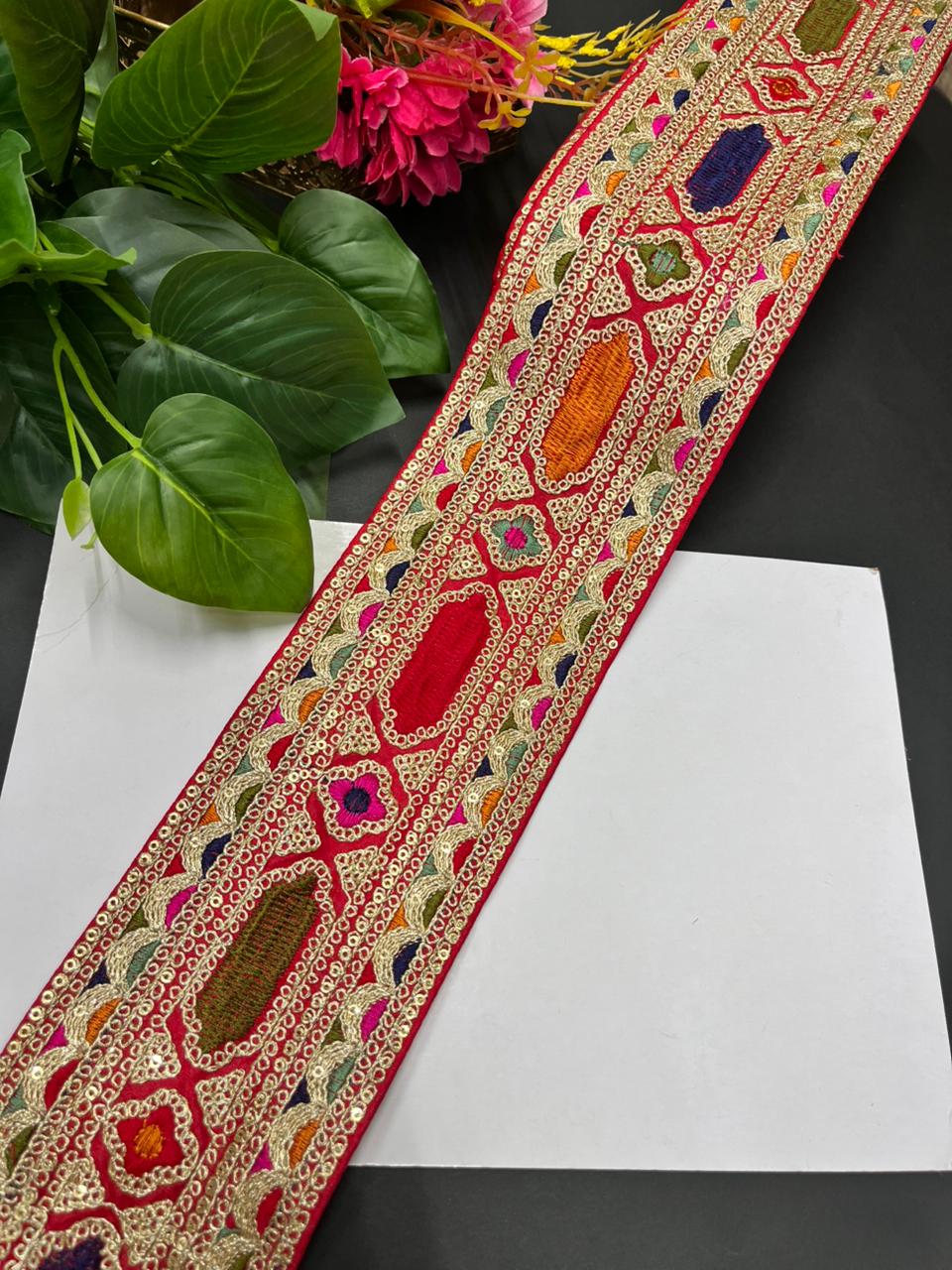 Designer Sabyasachi Laces & Borders – Premium Embroidered Lace Trim for Sarees, Lehengas & Dupattas (9 Meter, 3.5 Inch Width) | Red