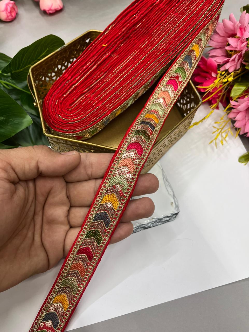 Sabyasachi Style Embroidery Saree Laces – Premium 1 Inch Designer Decorative Lace for Ethnic & Bridal Wear (9 Meter) | Red