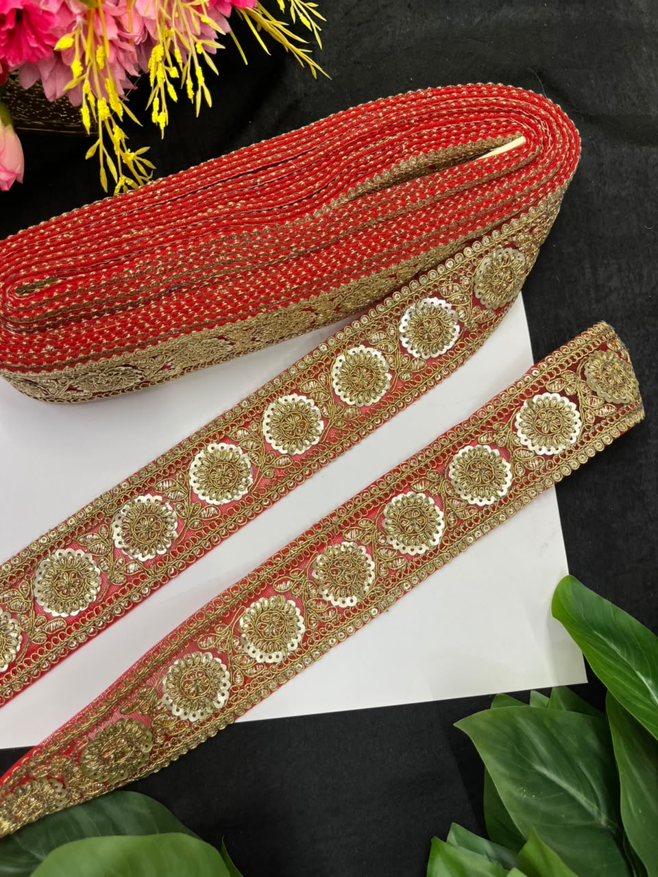 Golden Zari Embroidered Lace on Net Fabric for Sarees, Lehengas & Dupattas – Designer Embroidered Lace Border (1.5 Inch) | Red