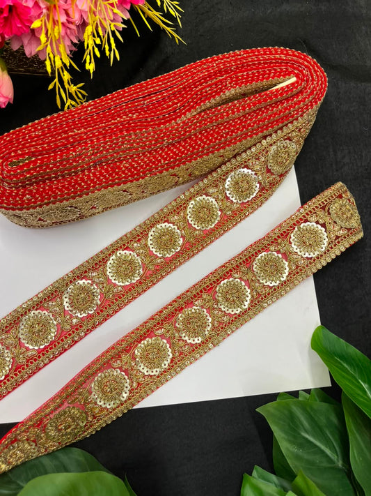 Golden Zari Embroidered Lace on Net Fabric for Sarees, Lehengas & Dupattas – Designer Embroidered Lace Border (1.5 Inch) | Red