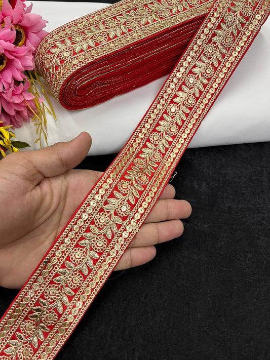 Leaf Style Embroidered Designer Lace Border for Sarees, Kurtis & Dresses – Elegant Ethnic Embroidery Lace (2 Inch) | Red