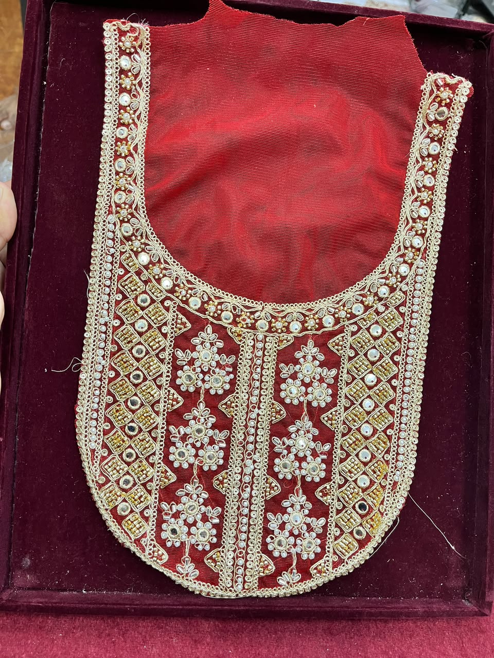 Designer Handcrafted Neck Patch for Kurtis, Dresses & Blouses – Premium Embroidered Neckline Applique | DC0983 | Red