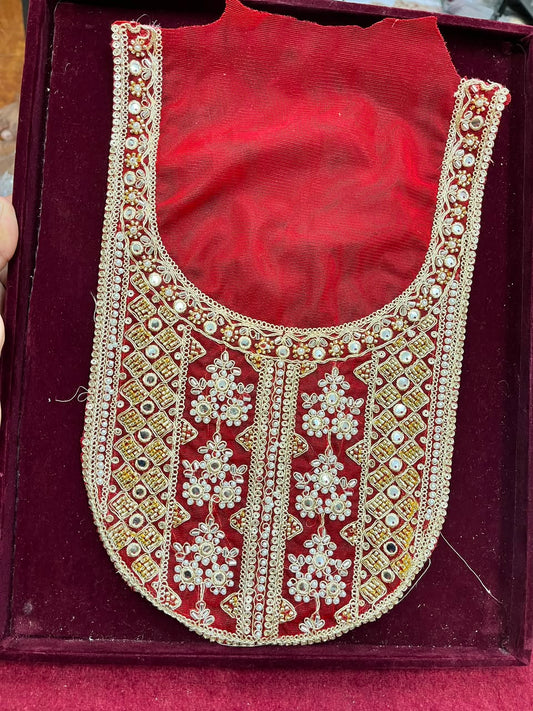 Designer Handcrafted Neck Patch for Kurtis, Dresses & Blouses – Premium Embroidered Neckline Applique | DC0983 | Red