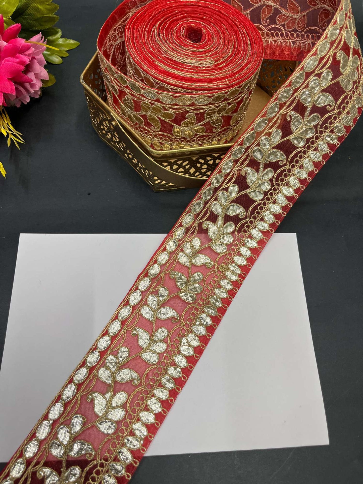 Traditional Gota Lace Borders – 9 Meters, 2.5-Inch Decorative Embellished Trim for Sarees, Lehengas & Dupattas | Red