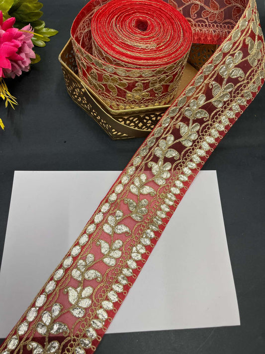 Traditional Gota Lace Borders – 9 Meters, 2.5-Inch Decorative Embellished Trim for Sarees, Lehengas & Dupattas | Red