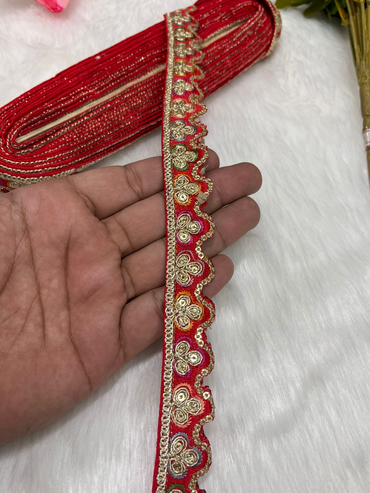 Sabyasachi-Inspired Multicoloured Designer Embroidered Trims – 9 Meter Roll, 1 Inch Wide for Crafting & Fashion | Red