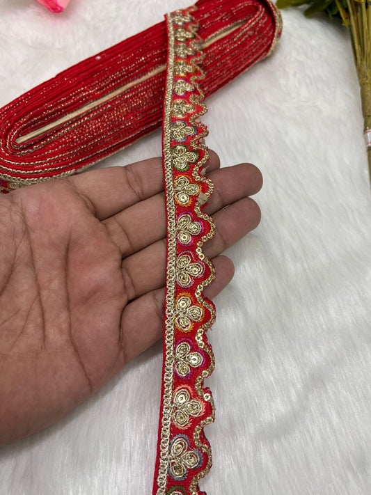 Sabyasachi-Inspired Multicoloured Designer Embroidered Trims – 9 Meter Roll, 1 Inch Wide for Crafting & Fashion | Red