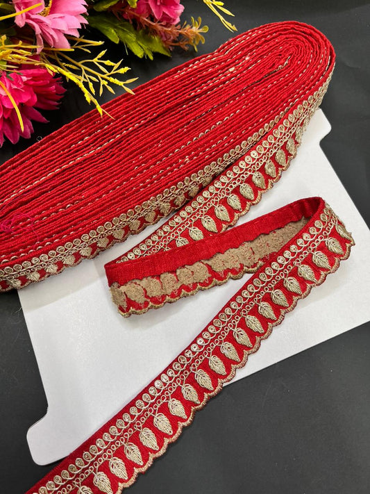 Embroidered Zari Lace Border for Saree, Lehenga & Craft Projects – Designer 1 Inch Embroidery Lace for Ethnic Wear (9 Meter) | Red