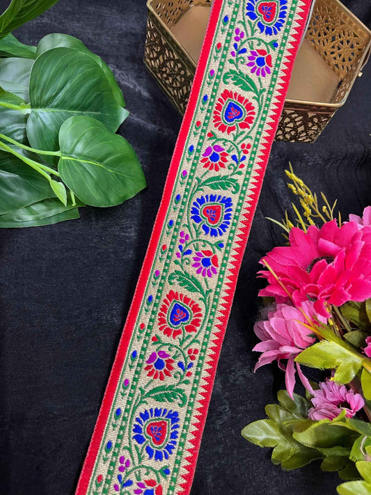 Regal Banarasi Lace – 9 Meters, 2-Inch Traditional Zari Embroidered Border for Sarees, Lehengas & Dupattas | Red