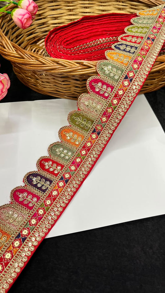 Sabyasachi Style Embroidered Lace for Sarees, Lehengas, Dupattas & Blouses – Designer Ethnic Embroidery Lace Border (2 Inch) | DC1065 | Red