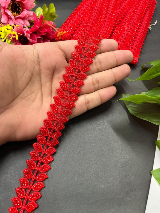 Cutdana Work Imported Lace – Decorative Lace for Sarees, Dupattas, and Dresses (9 mtr, 1 inch) | Red