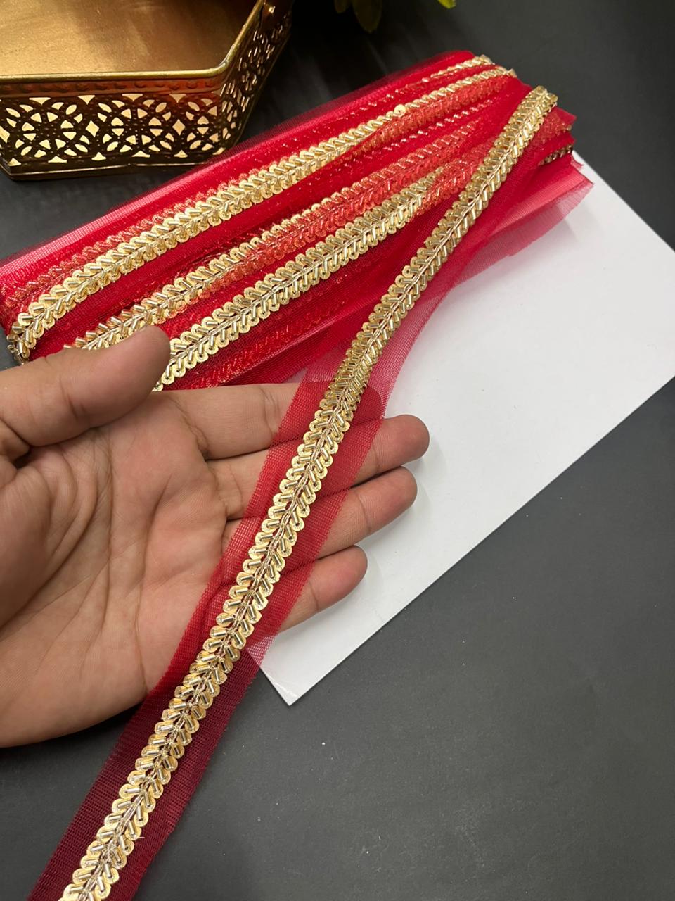 Elegant Pipe & Sequin Work Lace Borders – Designer Maggam Work Trim for Sarees, Lehengas & Dupattas (9 Meter, 0.5 Inch Width) | Red