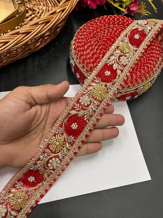 Beaded Bridal Laces Collection – Premium Maggam Work Designer Borders for Sarees, Lehengas & Dupattas (9 Meter, 2 Inch Width) | Red