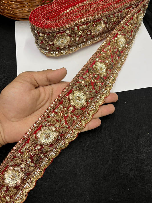 Antique Zari Flower Design Maggam Work Lace for Sarees – Premium Designer Maggam Lace | Red