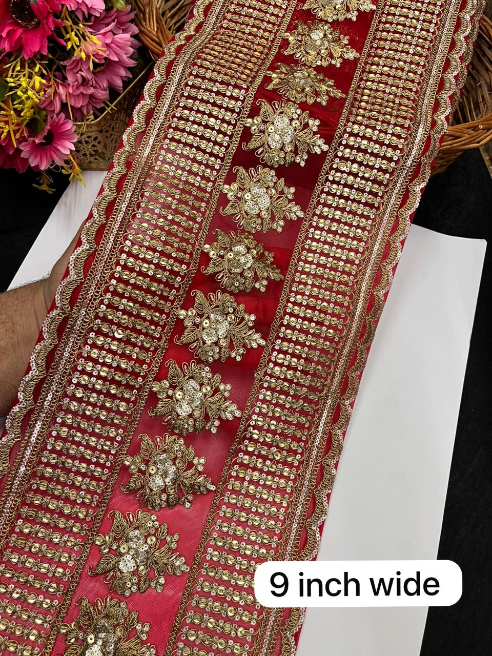 Sabyasachi Inspired Embroidered Lehenga Border Lace – Designer Bridal Saree & Lehenga Lace Trim (9 Inch) | Red
