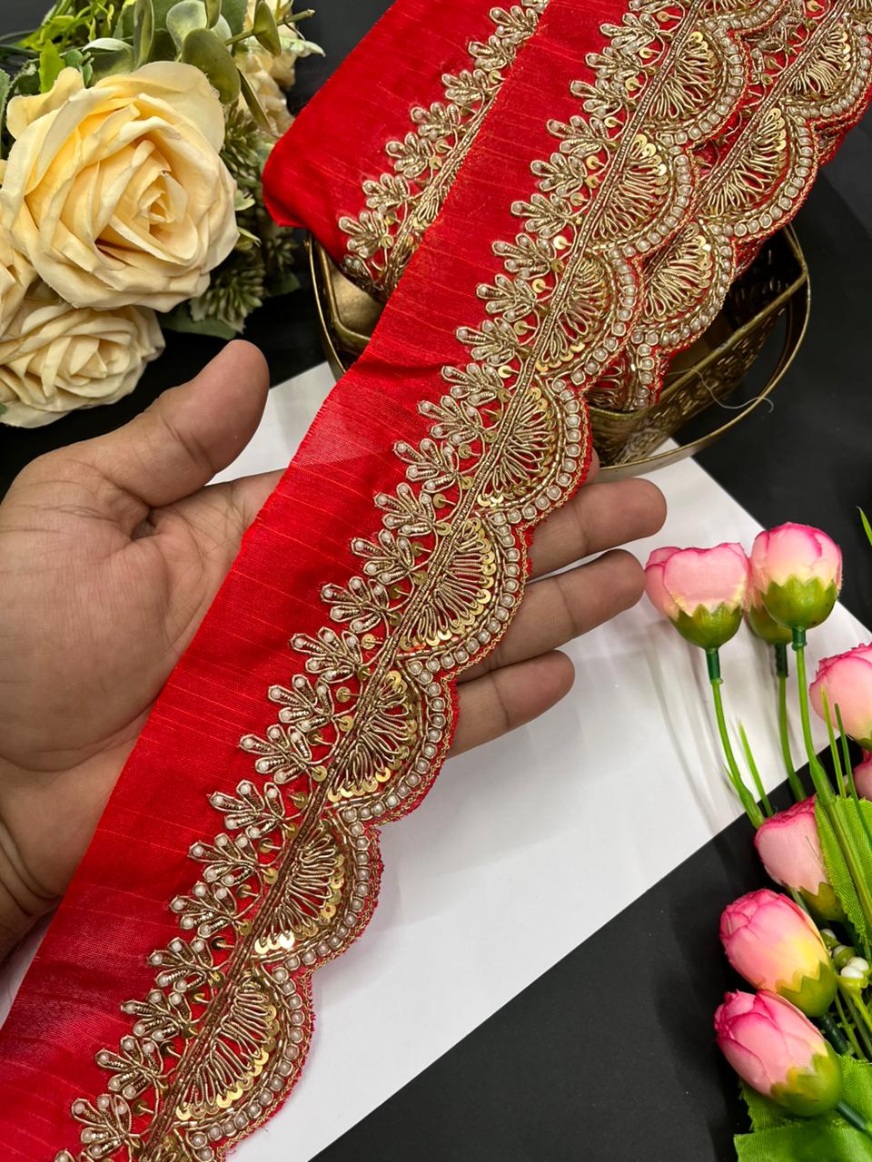 Scalloped Zardosi Work Saree Borders – Premium 2 Inch Handcrafted Maggam Work Lace for Bridal & Festive Wear (9 Meter) | Red
