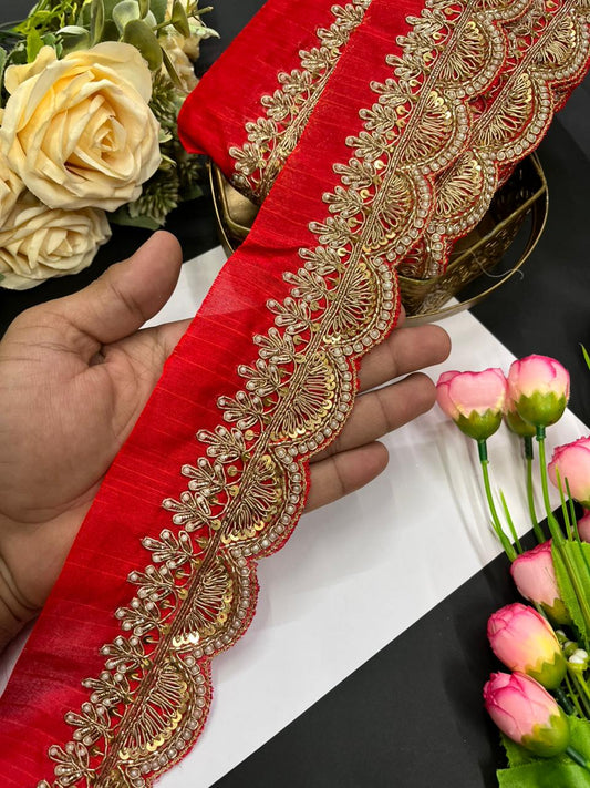 Scalloped Zardosi Work Saree Borders – Premium 2 Inch Handcrafted Maggam Work Lace for Bridal & Festive Wear (9 Meter) | Red