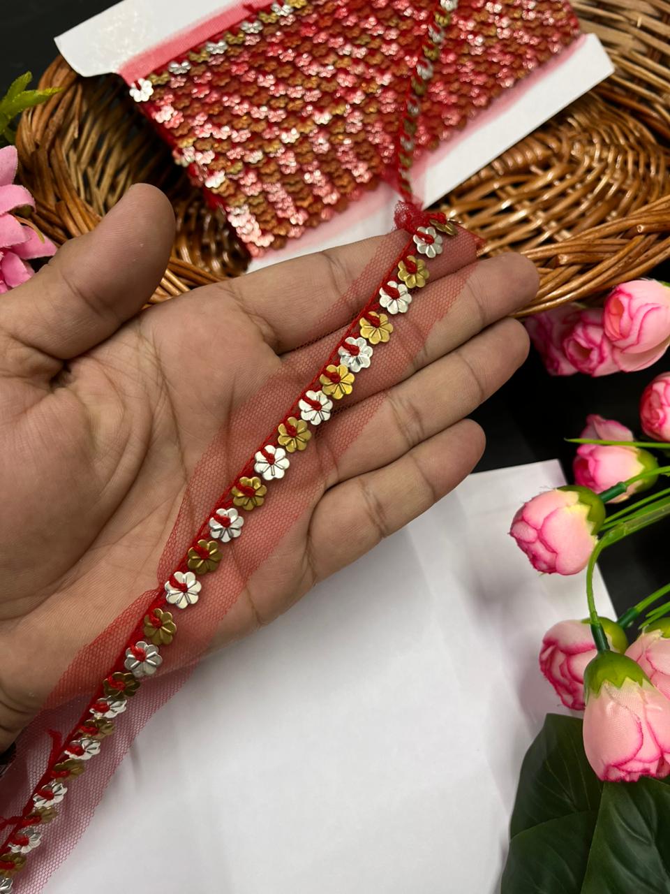 Sabyasachi-Inspired Metal Coin Lace for Dupattas & Sarees – Premium Handmade Ethnic Lace Border | Red