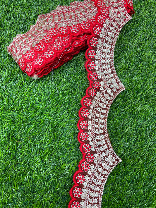 Embroidery Scallop Lace | Sequins Embellishment Trim | Craft Decorative Saree Lace – 9 Meters, 2-Inch Width | Red