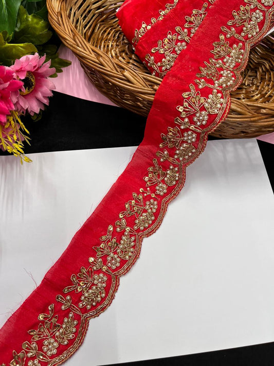 Handmade Scalloped Zardozi & Pearl Maggam Work Saree Lace Borders – Premium Bridal Maggam Lace | Red