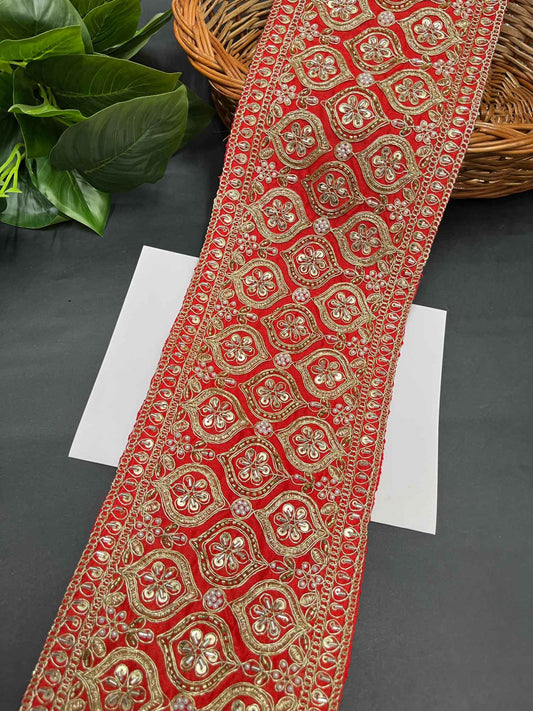 Katdana & Bead Work Embroidered Bridal Lehenga Lace Trim – 9 Meters, 5-Inch Heavy Border for Sarees & Wedding Outfits | Red