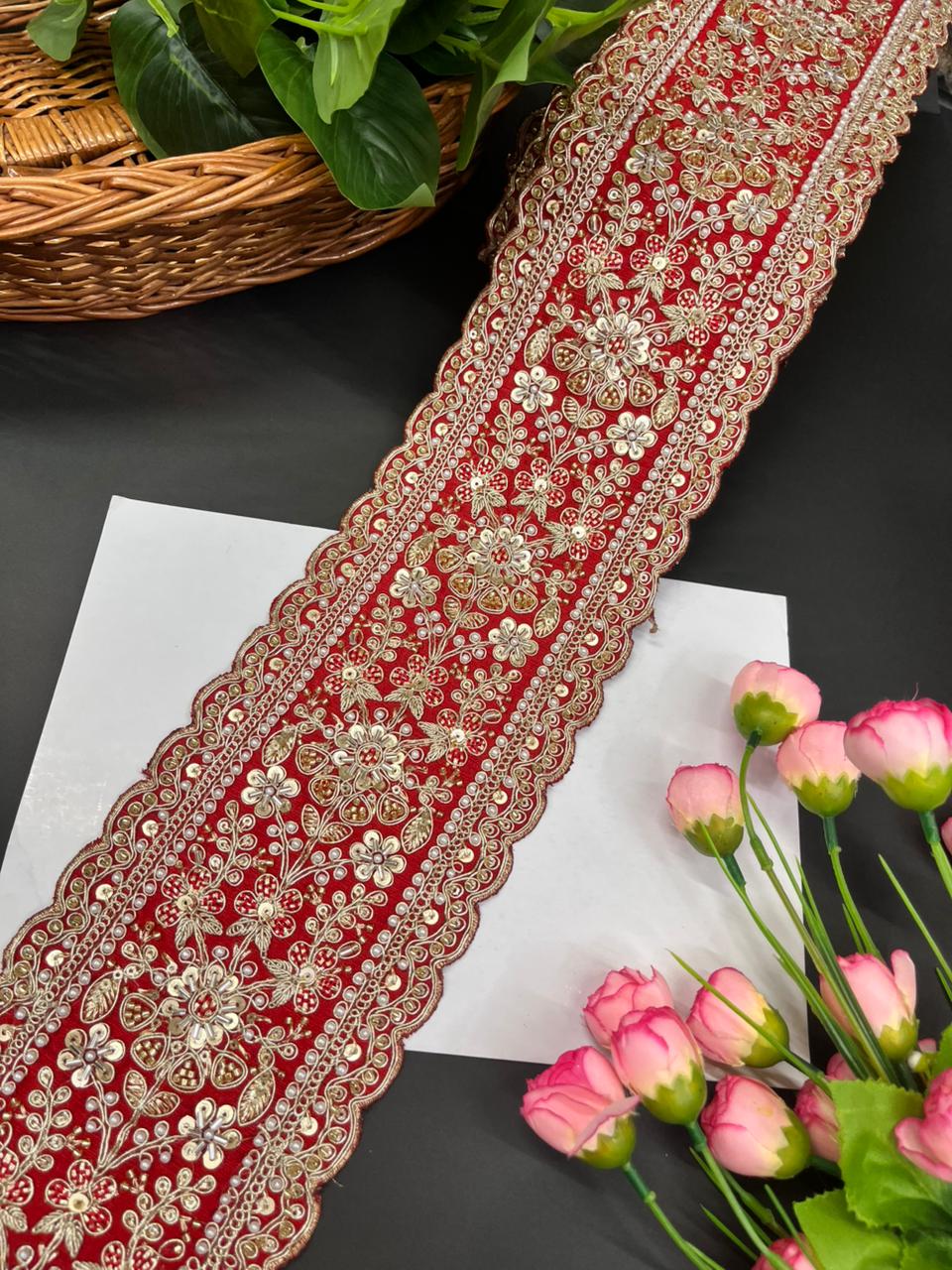 Exclusive Bridal Lace Collection – Premium Heavy Lehenga Border for Sarees, Dupattas & Wedding Outfits (9 Meter, 5 Inch Width) | Red