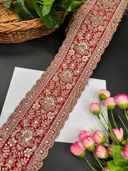 Exclusive Bridal Lace Collection – Premium Heavy Lehenga Border for Sarees, Dupattas & Wedding Outfits (9 Meter, 5 Inch Width) | Red