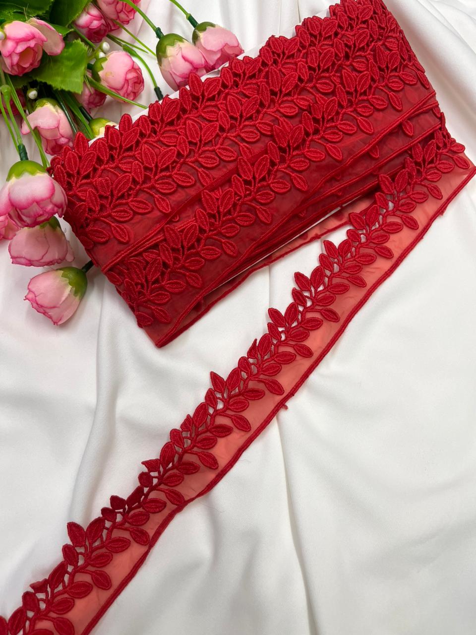 Beautiful Imported Organza Lace Trim for Sarees, Dresses & Kurtis – Designer Soft Organza Lace Border (1.5 Inch) | Red