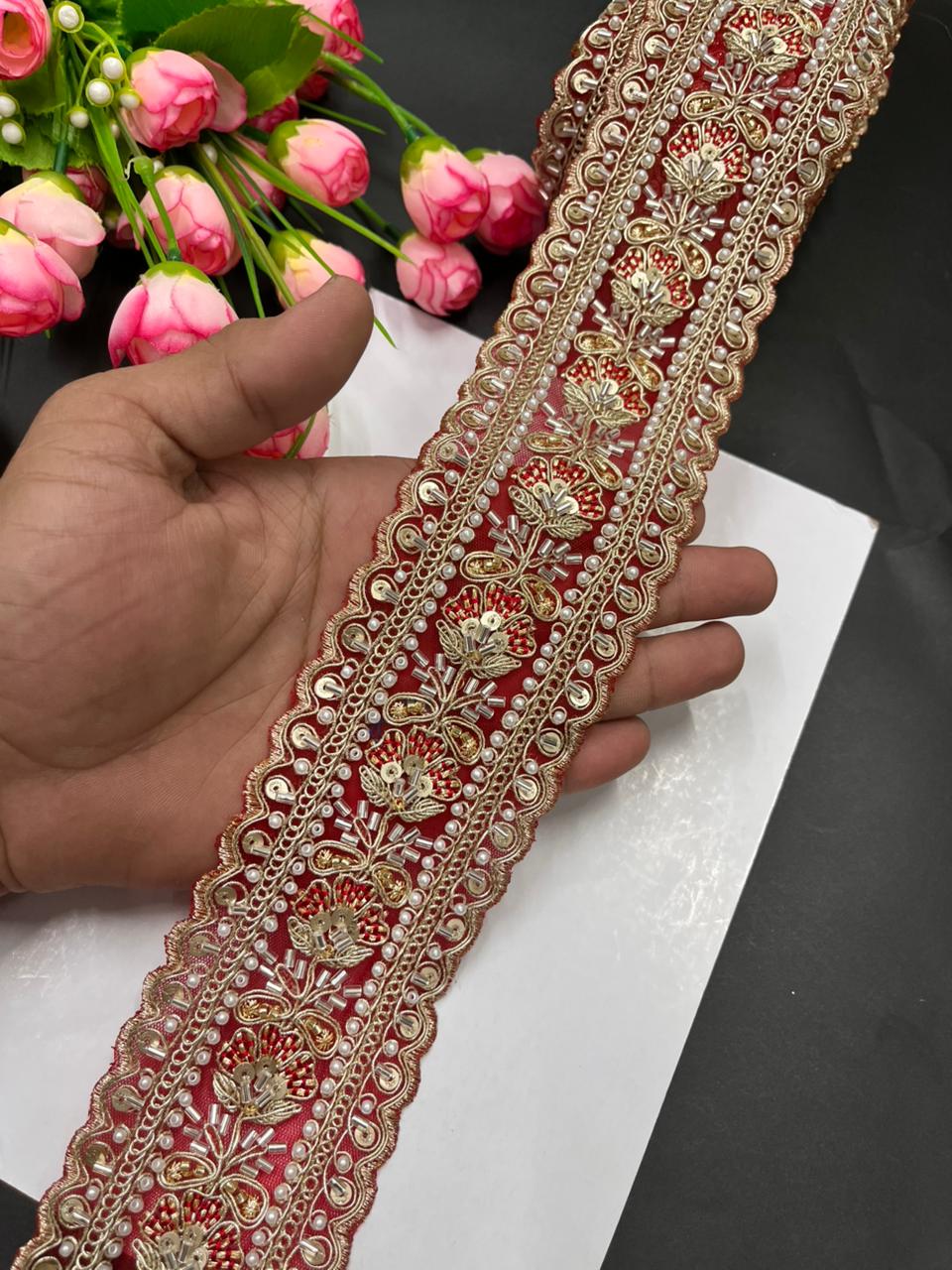 Luxurious Beaded Cutdana Bridal Saree Laces – Heavy Maggam Work Borders for Sarees, Dupattas & Lehengas (9 Meter, 2.5 Inch Width) | Red