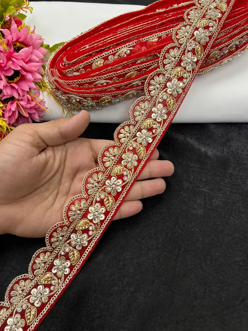 Exclusive Bridal Katdana Bead Work Laces – Designer Maggam Work Borders for Sarees, Lehengas & Dupattas (9 Meter, 2 Inch Width) | Red