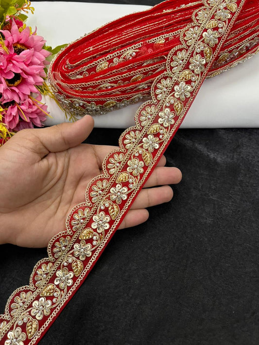 Exclusive Bridal Katdana Bead Work Laces – Designer Maggam Work Borders for Sarees, Lehengas & Dupattas (9 Meter, 2 Inch Width) | Red