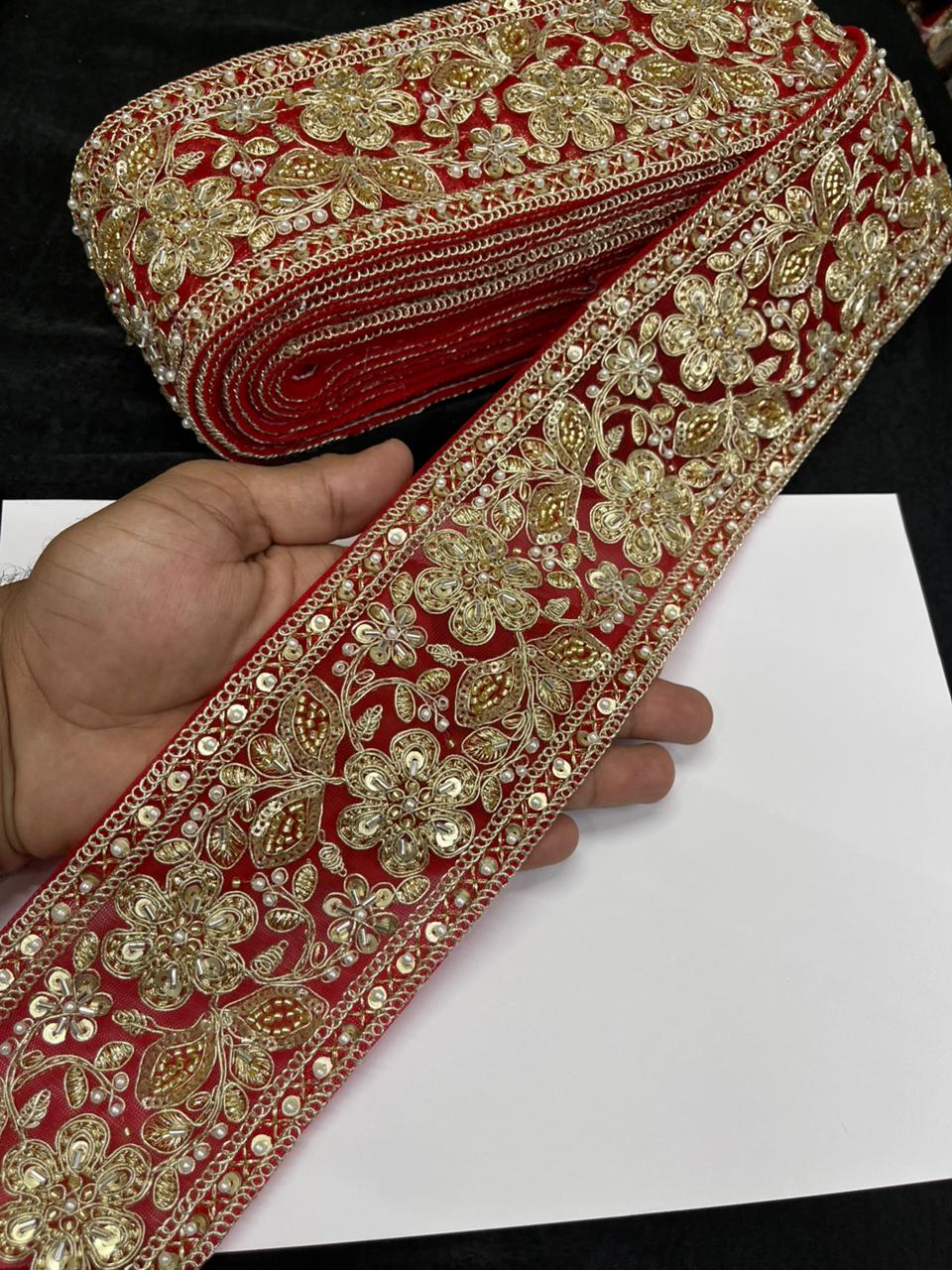 Designer Maggam Work Saree Lace on Net Fabric – Handcrafted Embroidered Lace Border for Sarees, Blouses & Lehengas (3.5 Inch) | Red