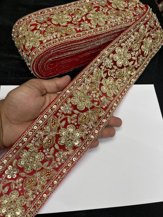 Designer Maggam Work Saree Lace on Net Fabric – Handcrafted Embroidered Lace Border for Sarees, Blouses & Lehengas (3.5 Inch) | Red