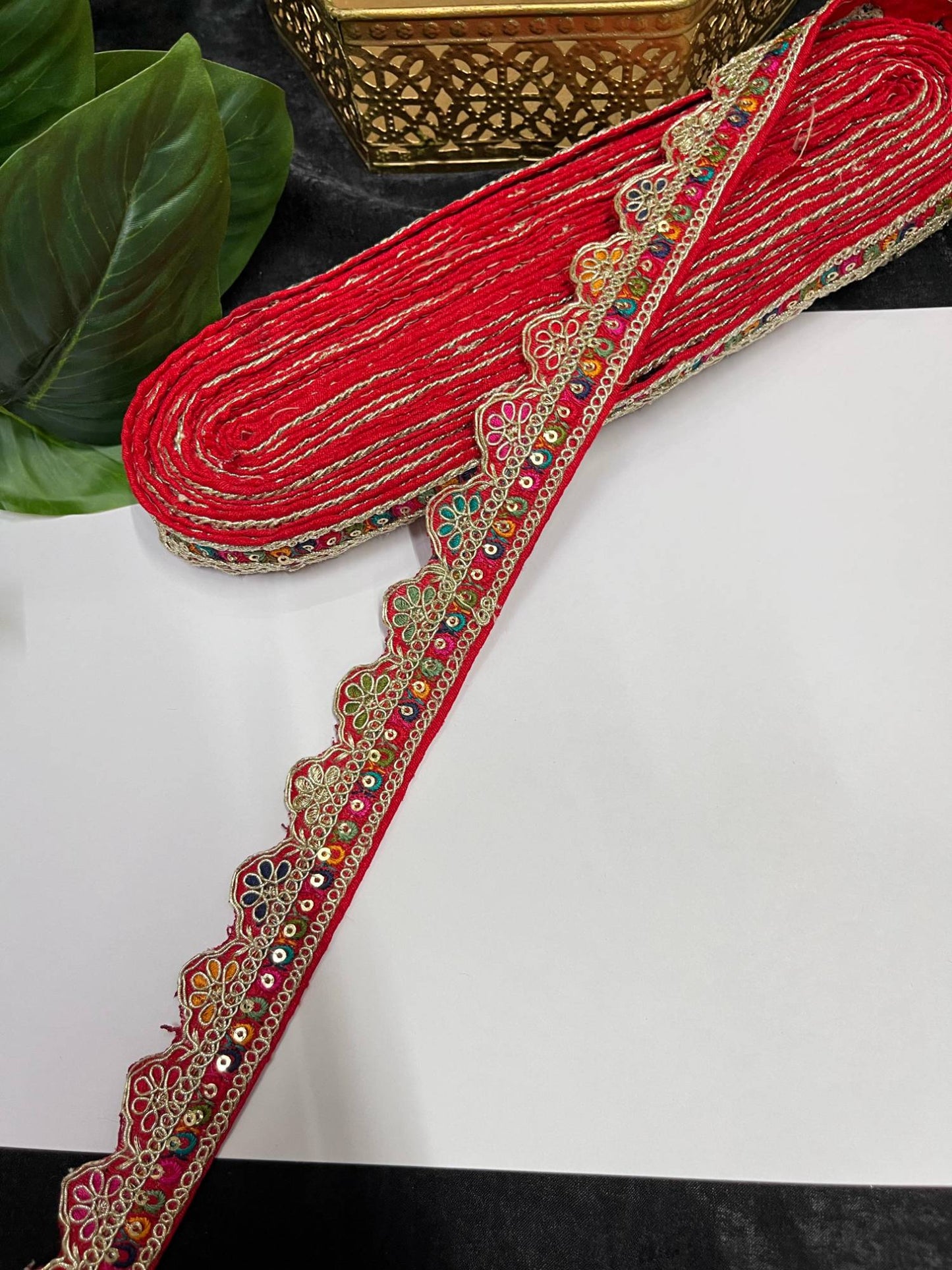 Multicolored Scalloped Sabyasachi Inspired Embroidered Lace – 9 Meters, 1-Inch Designer Trim for Sarees, Lehengas & Dupattas | Red