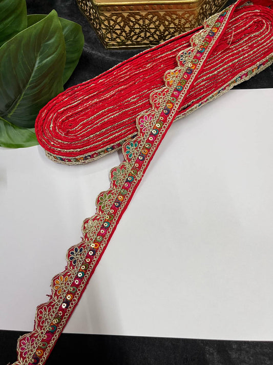 Multicolored Scalloped Sabyasachi Inspired Embroidered Lace – 9 Meters, 1-Inch Designer Trim for Sarees, Lehengas & Dupattas | Red