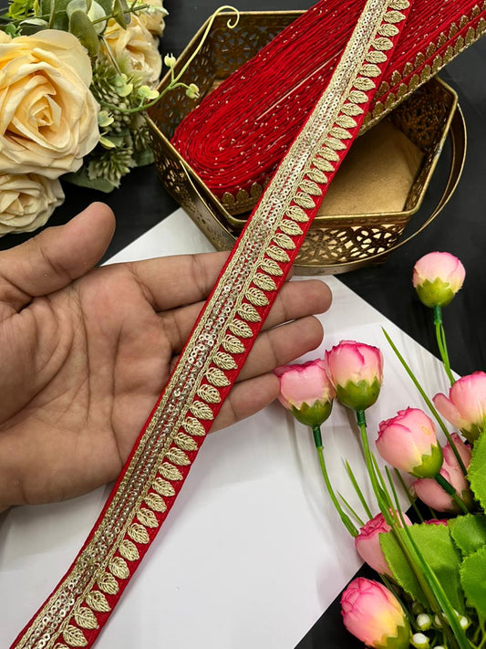 Elegant Embroidered Silk Saree Lace Borders – Premium 1 Inch Designer Border for Dupattas, Lehengas & Festive Wear (9 Meter) | Red