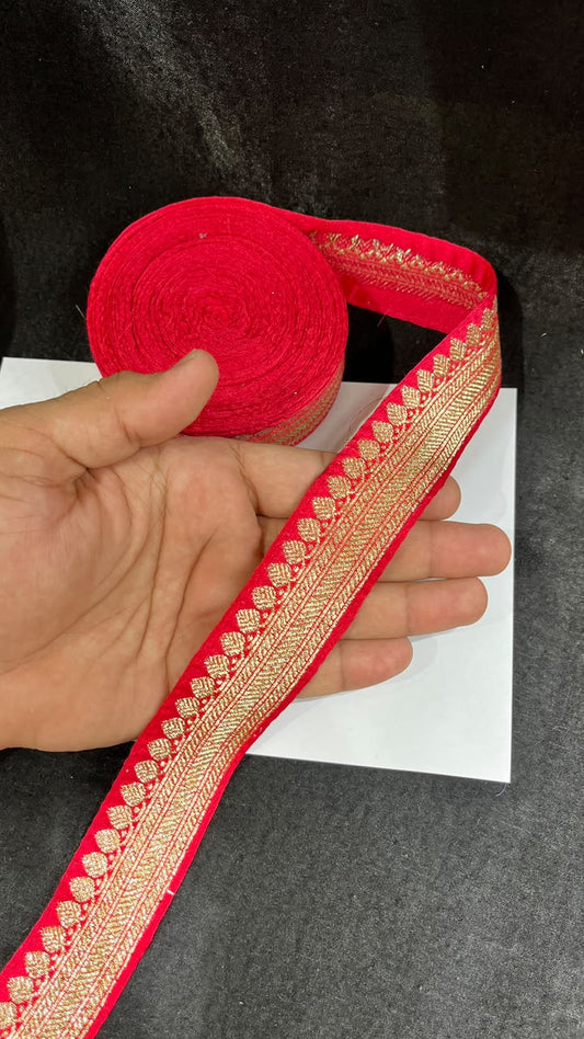 Banarasi Handloom Vintage Pure Silk Border – 9 Meters, 1-Inch Traditional Zari Lace Trim for Sarees & Lehengas | Red