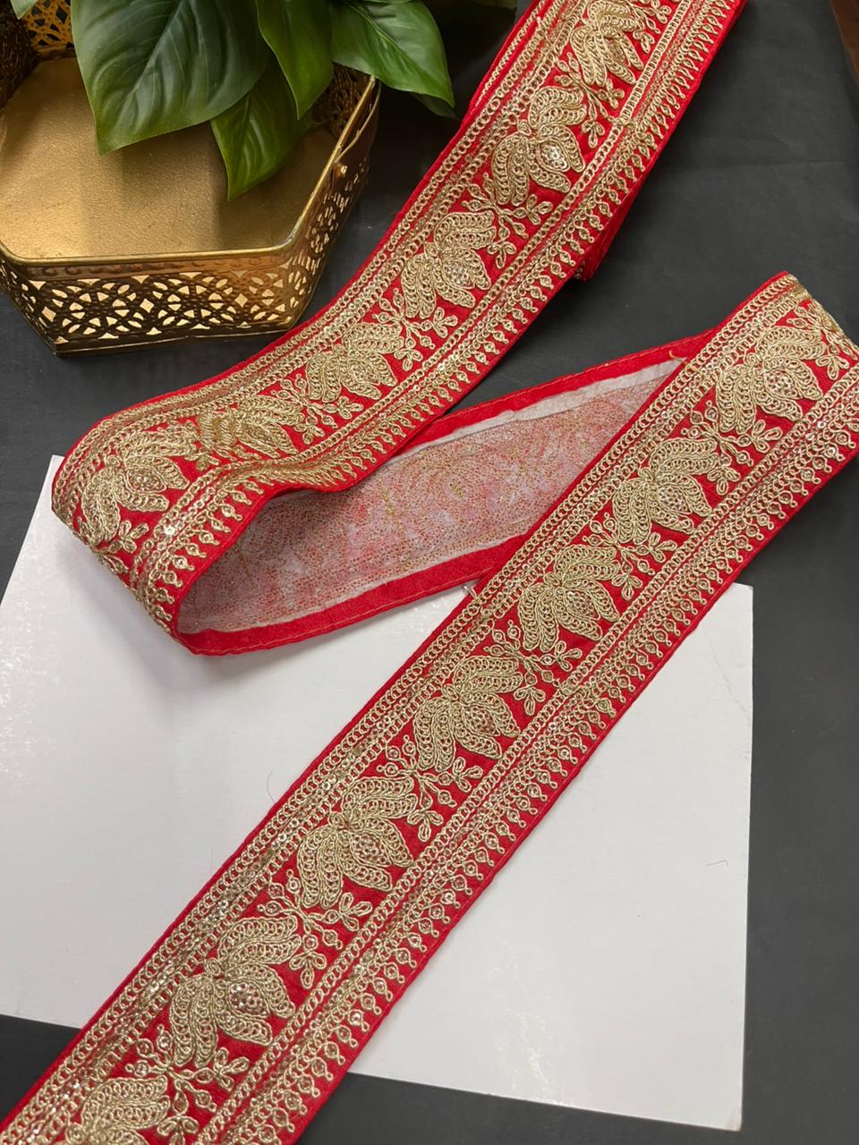 Embroidered Laces for Sarees & Bridal Wear – Premium Designer Border Trim for Dupattas & Lehengas (9 Meter, 3 Inch Width) | Red