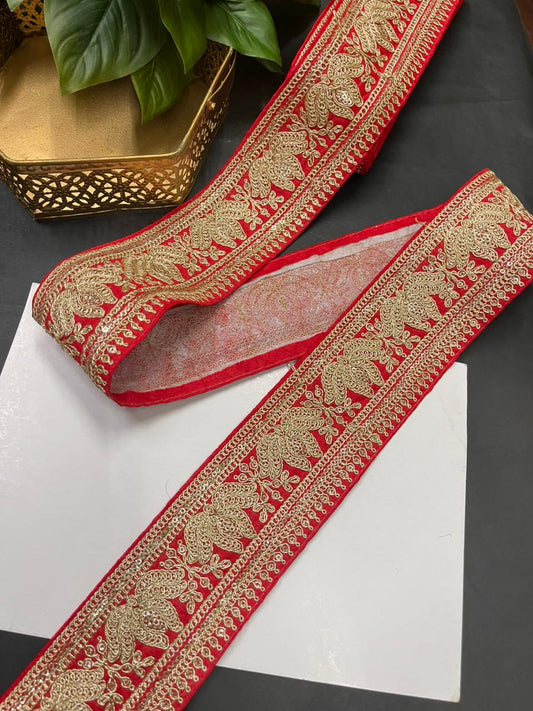 Embroidered Laces for Sarees & Bridal Wear – Premium Designer Border Trim for Dupattas & Lehengas (9 Meter, 3 Inch Width) | Red