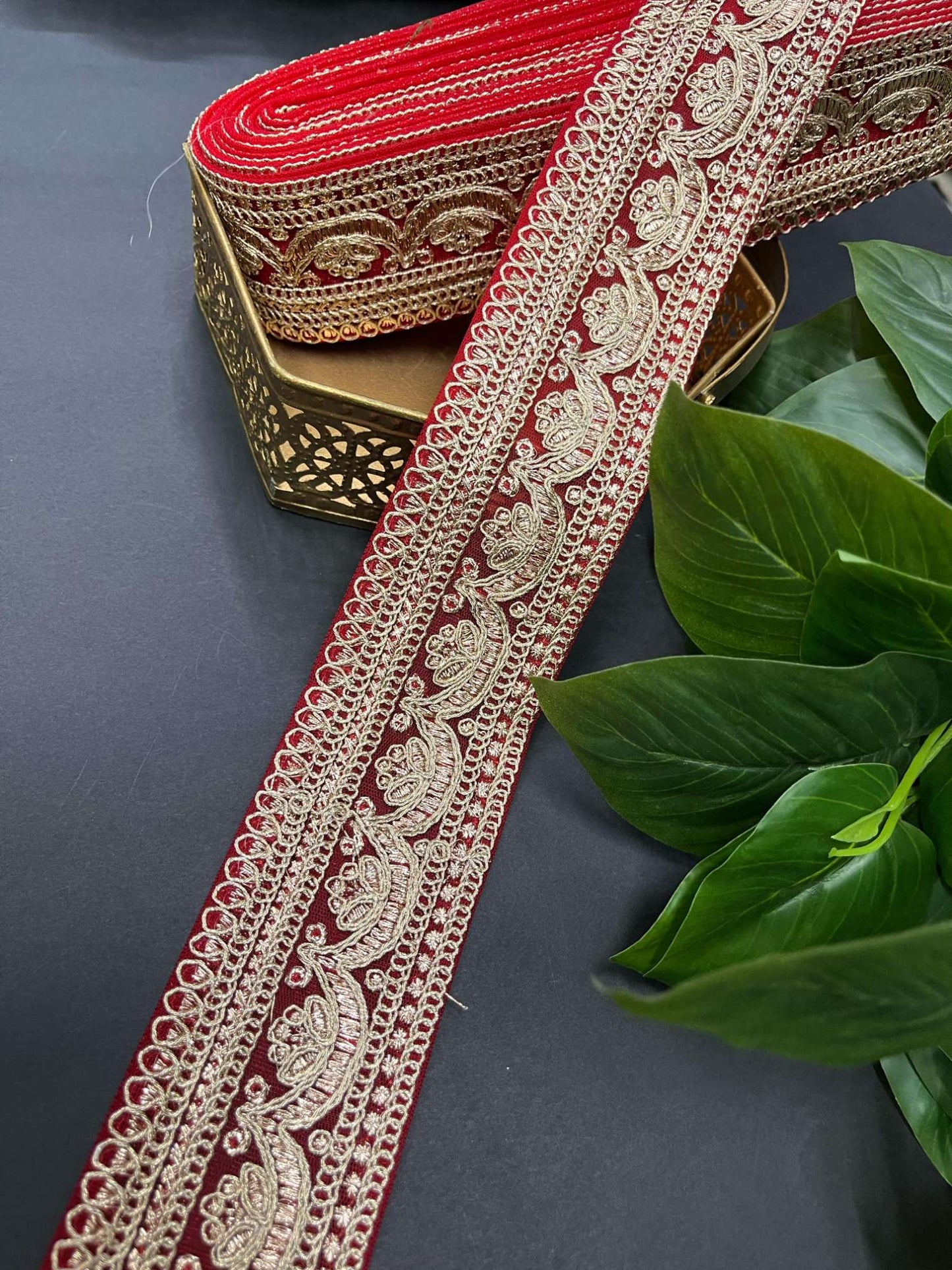 Embroidery Designer Lace on Net Fabric – 9 Meters, 2.5-Inch Width | Red