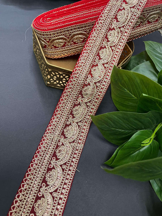 Embroidery Designer Lace on Net Fabric – 9 Meters, 2.5-Inch Width | Red