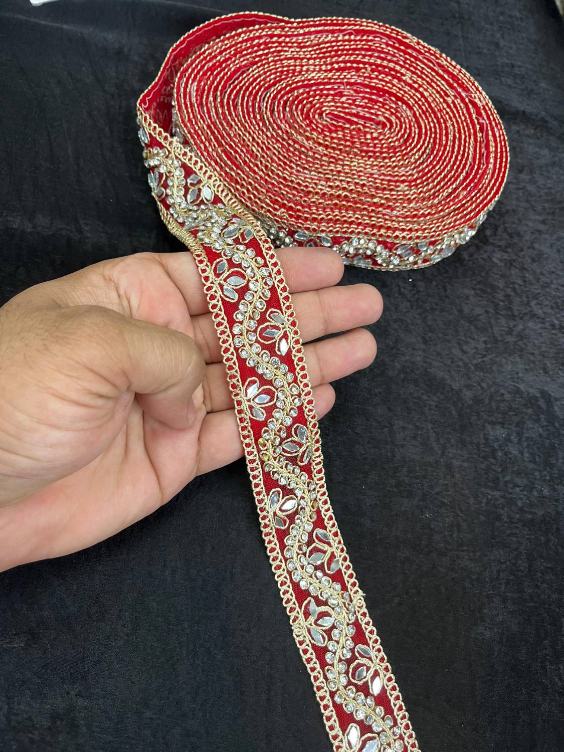Designer Mirror Work Lace Trim with Rhinestones – Elegant Border for Sarees, Dupattas & Lehengas (9 Meter, 1 Inch Width) | Red